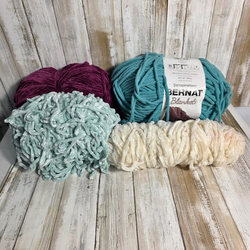 Bernat Blanket Yarn Bundle Light Teal Plum Sage Cream Super Bulky Velvet 4 Skein